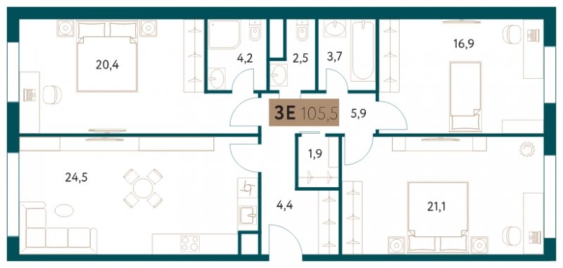 3-комнатная квартира 105.5 м2, 4 этаж, сдача 4 квартал 2022 г., ЖК Настоящее, корпус 3 - объявление 1711350 - фото №1