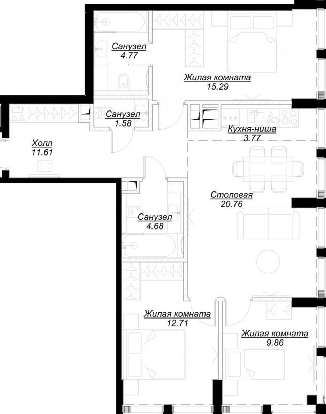 3-комнатная квартира с частичной отделкой, 84.77 м2, 25 этаж, сдача 4 квартал 2024 г., ЖК MOD, корпус Camus - объявление 2188864 - фото №1