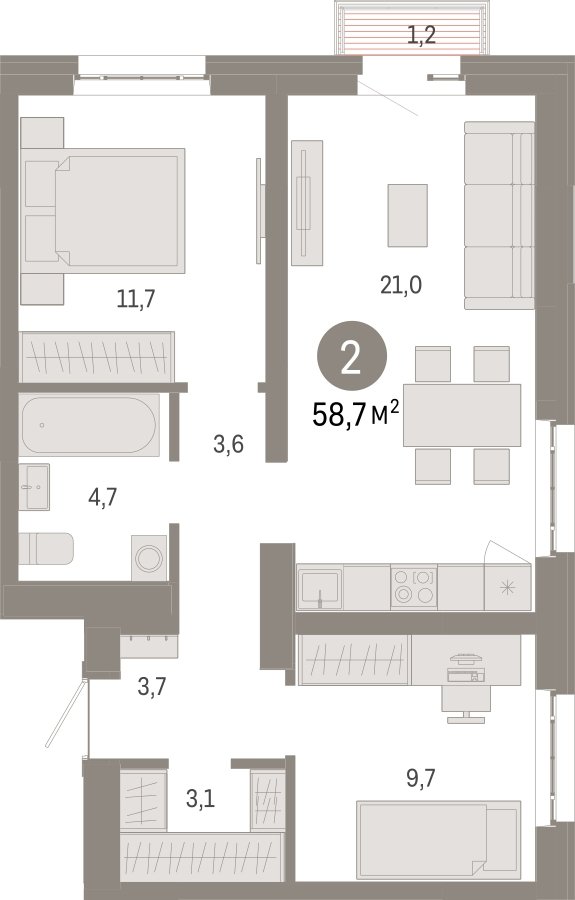 2-комнатная квартира с частичной отделкой, 58.7 м2, 7 этаж, сдача 3 квартал 2026 г., ЖК Квартал Метроном, корпус 1 - объявление 2300738 - фото №1