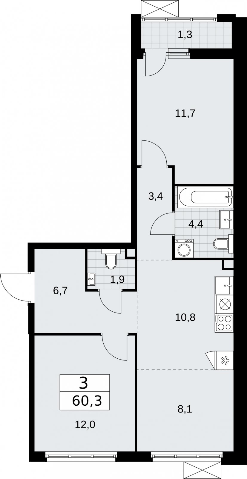 3-комнатная квартира (евро) с частичной отделкой, 60.3 м2, 2 этаж, сдача 2 квартал 2026 г., ЖК Бунинские кварталы, корпус 5.1 - объявление 2296829 - фото №1