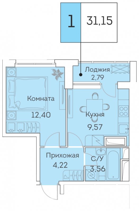 1-комнатная квартира с частичной отделкой, 31.15 м2, 18 этаж, сдача 3 квартал 2023 г., ЖК Аквилон BESIDE, корпус 1 - объявление 1642929 - фото №1