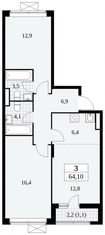 3-комнатная квартира (евро) без отделки, 64.1 м2, 8 этаж, сдача 3 квартал 2024 г., ЖК Прокшино, корпус 8.4 - объявление 1684082 - фото №1