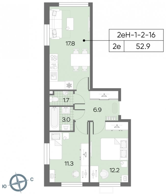 2-комнатная квартира с полной отделкой, 53.1 м2, 14 этаж, сдача 3 квартал 2024 г., ЖК Лучи, корпус 15 - объявление 1951006 - фото №1