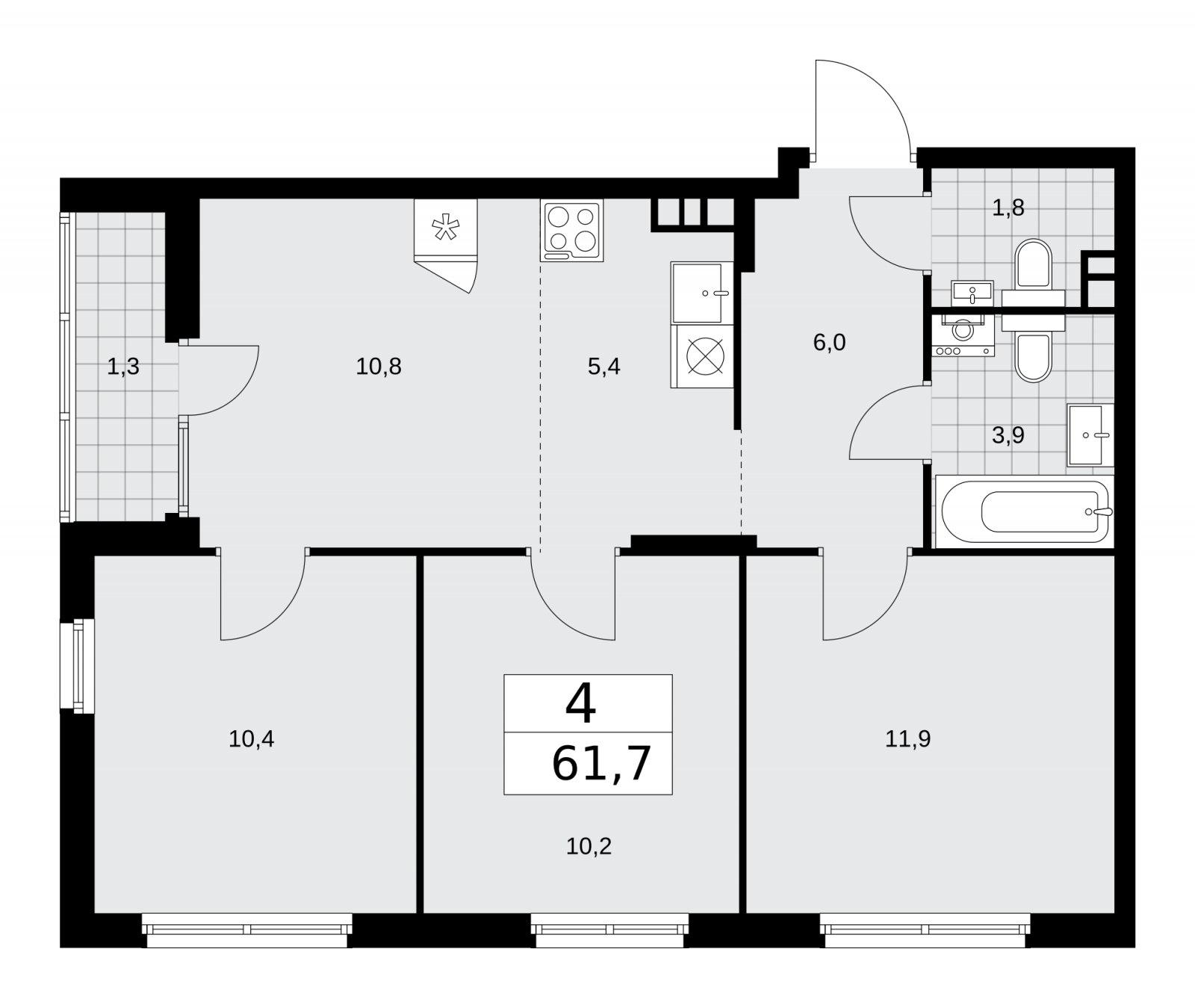 4-комнатная квартира (евро) с частичной отделкой, 61.7 м2, 14 этаж, сдача 2 квартал 2026 г., ЖК Деснаречье, корпус 4.4 - объявление 2264050 - фото №1