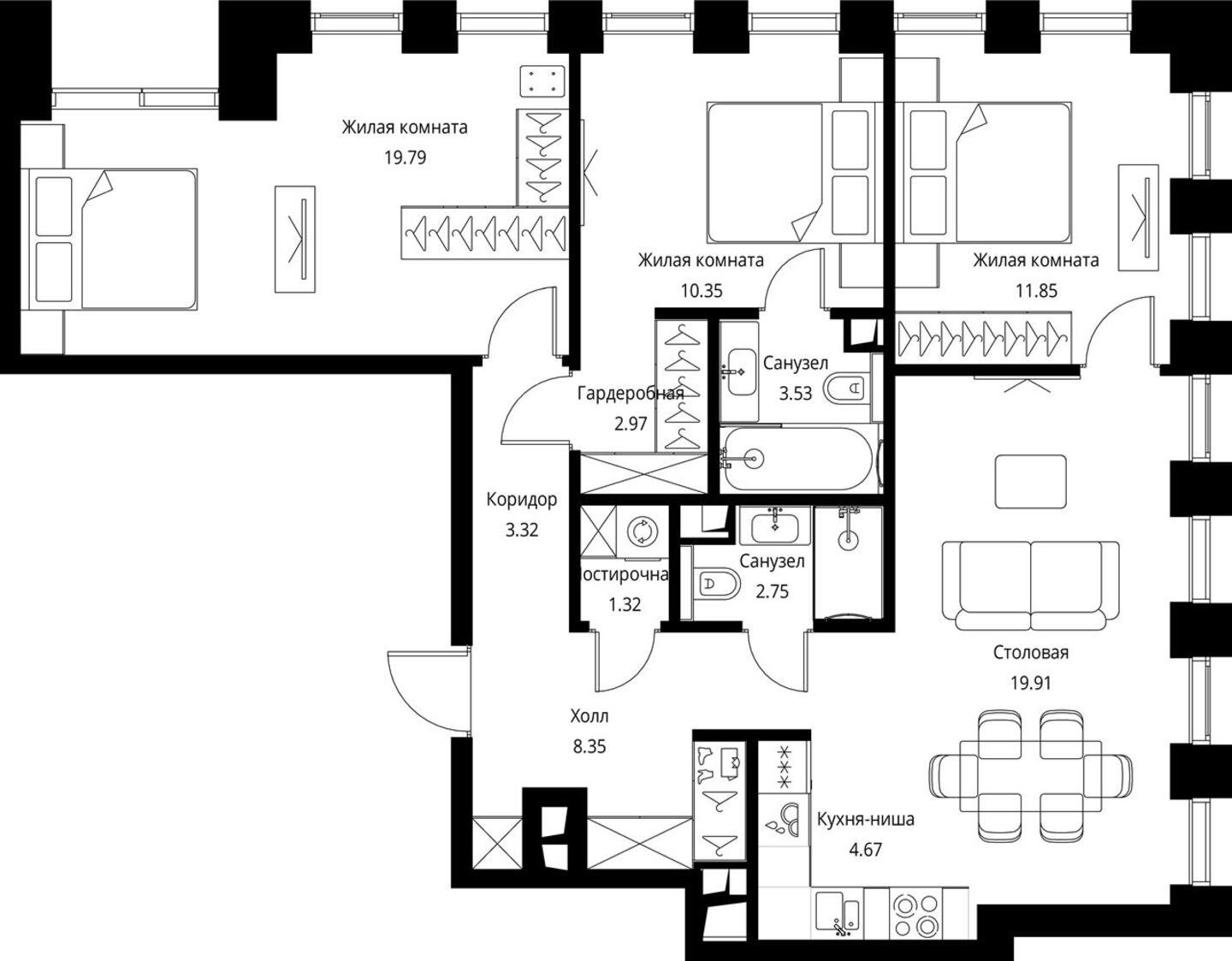 3-комнатная квартира с частичной отделкой, 88.81 м2, 21 этаж, сдача 3 квартал 2026 г., ЖК City Bay, корпус North Ocean 7 - объявление 2240672 - фото №1