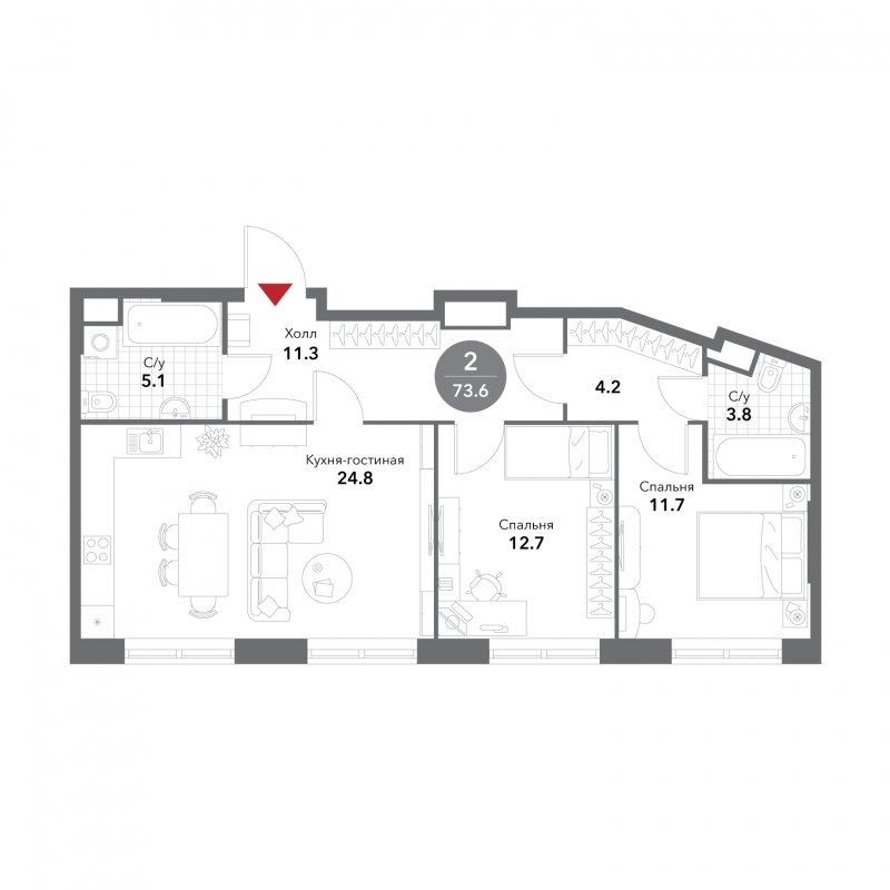 2-комнатная квартира без отделки, 73.6 м2, 4 этаж, сдача 3 квартал 2025 г., ЖК VOXHALL, корпус 2 - объявление 1804638 - фото №1