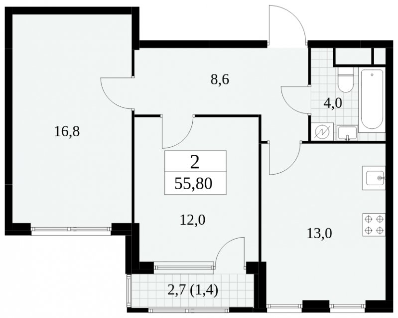 2-комнатная квартира без отделки, 55.8 м2, 15 этаж, сдача 2 квартал 2025 г., ЖК Южные сады, корпус 2.4 - объявление 1760346 - фото №1