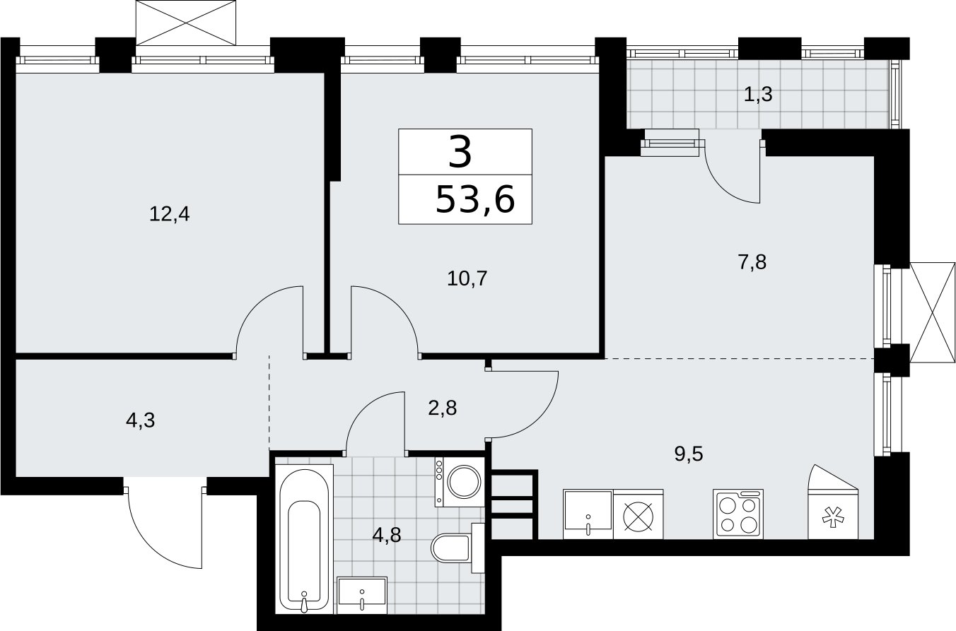 3-комнатная квартира (евро) без отделки, 53.6 м2, 5 этаж, сдача 2 квартал 2026 г., ЖК Бунинские кварталы, корпус 5.4 - объявление 2297873 - фото №1
