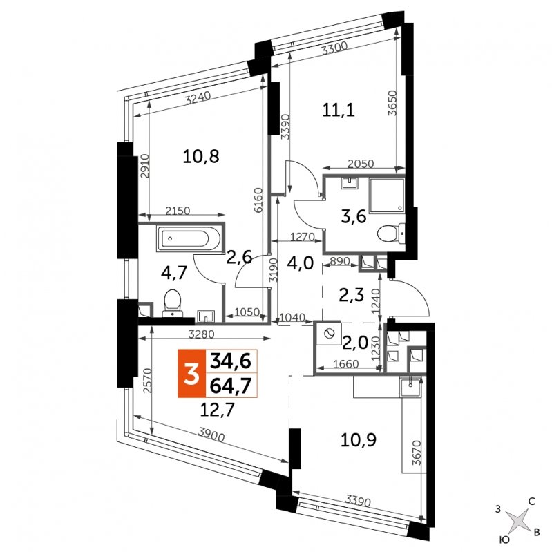 3-комнатная квартира с частичной отделкой, 64.7 м2, 8 этаж, сдача 4 квартал 2024 г., ЖК ROTTERDAM, корпус 2.1 - объявление 1686945 - фото №1
