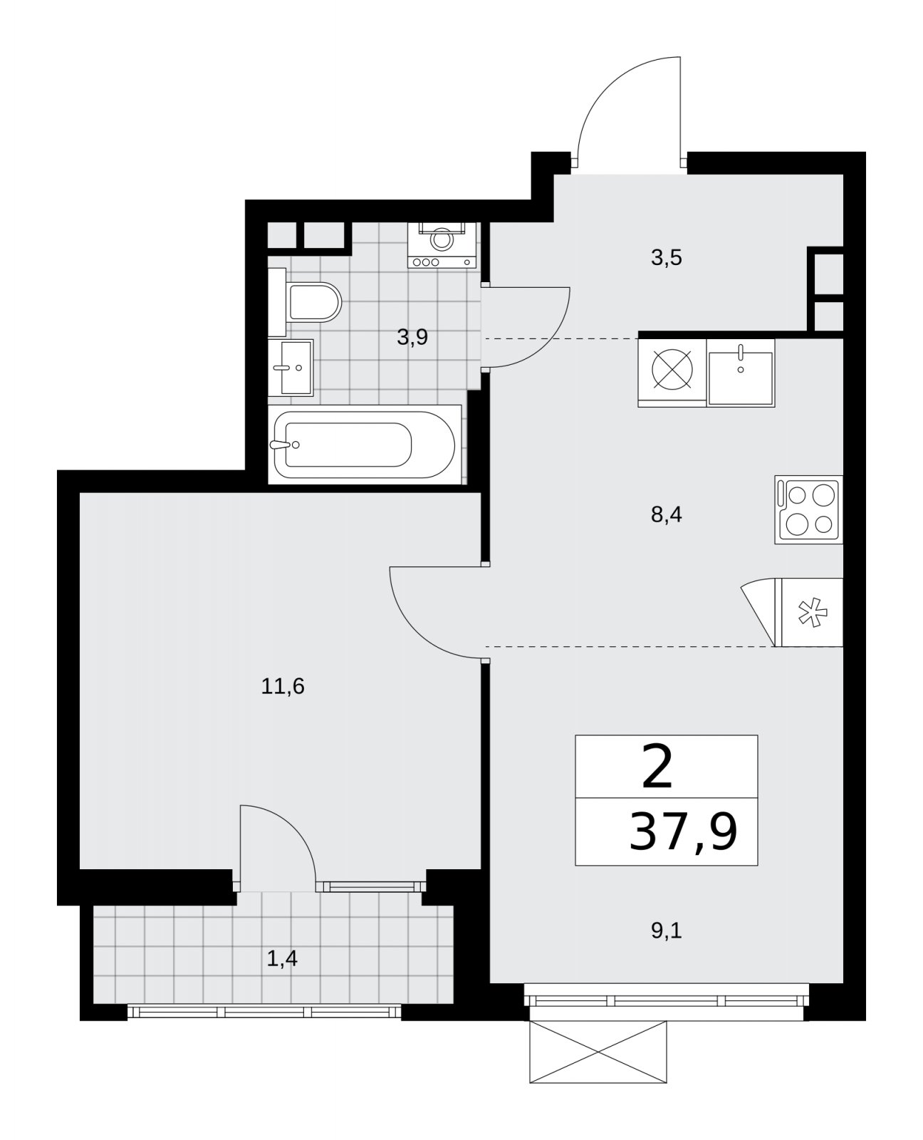 2-комнатная квартира (евро) с полной отделкой, 37.9 м2, 14 этаж, сдача 2 квартал 2026 г., ЖК Деснаречье, корпус 4.7 - объявление 2264988 - фото №1