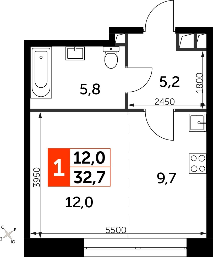 Студия с полной отделкой, 32.7 м2, 4 этаж, сдача 3 квартал 2024 г., ЖК Sydney City, корпус 2.1 - объявление 2207290 - фото №1