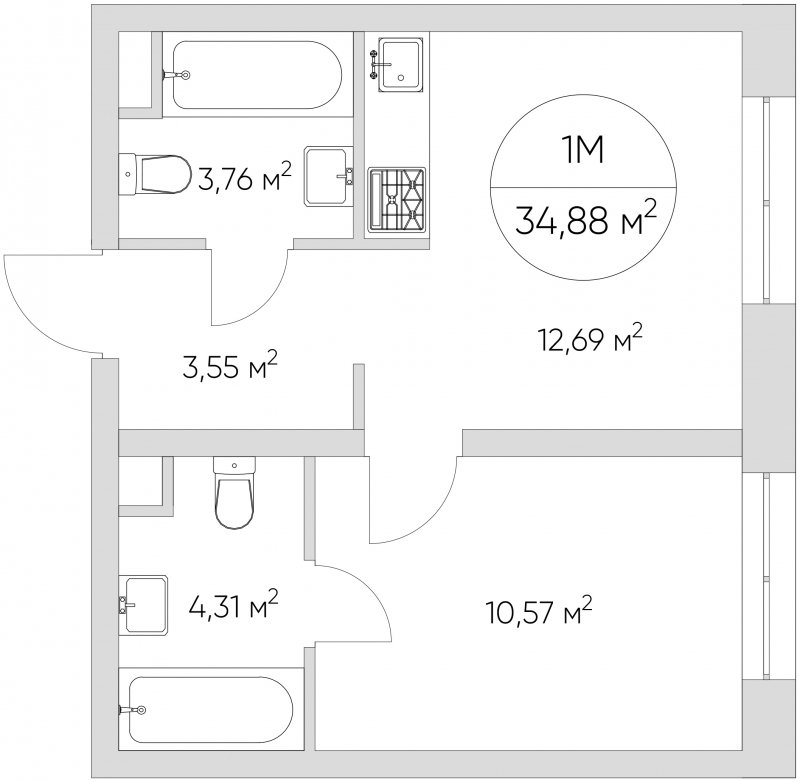 1-комнатные апартаменты с частичной отделкой, 34.88 м2, 4 этаж, сдача 1 квартал 2024 г., ЖК N'ICE LOFT, корпус 4 - объявление 1697124 - фото №1