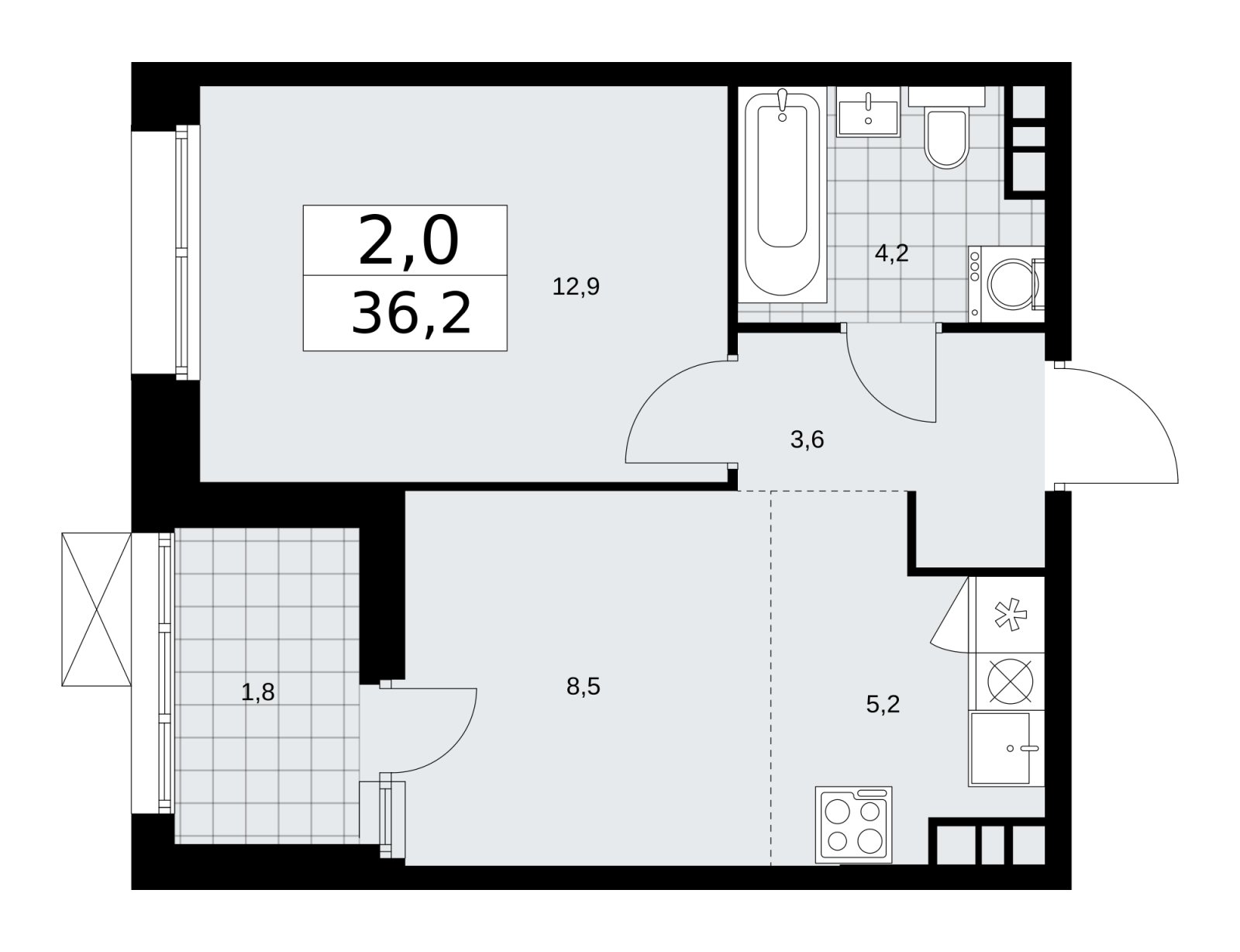 2-комнатная квартира (евро) с частичной отделкой, 36.2 м2, 14 этаж, сдача 1 квартал 2026 г., ЖК Бунинские кварталы, корпус 6.1 - объявление 2252471 - фото №1