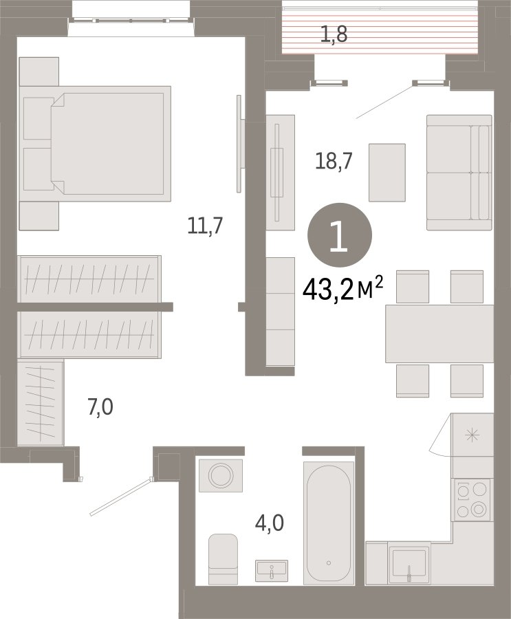 1-комнатная квартира 43.2 м2, 10 этаж, сдача 3 квартал 2026 г., ЖК Квартал Метроном, корпус 1 - объявление 2342218 - фото №1