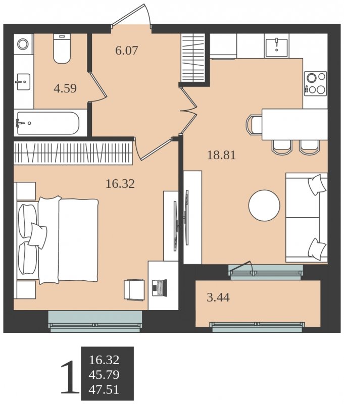 1-комнатная квартира без отделки, 47.51 м2, 1 этаж, сдача 1 квартал 2024 г., ЖК Мишино-2, корпус 7 - объявление 1748174 - фото №1