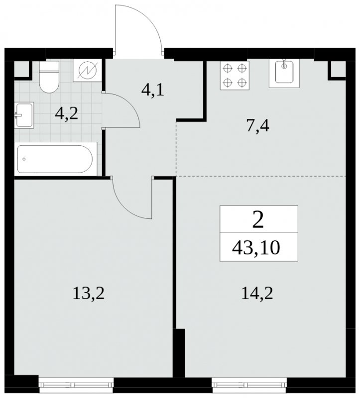 2-комнатная квартира (евро) без отделки, 43.1 м2, 2 этаж, сдача 2 квартал 2025 г., ЖК Южные сады, корпус 2.4 - объявление 1760267 - фото №1