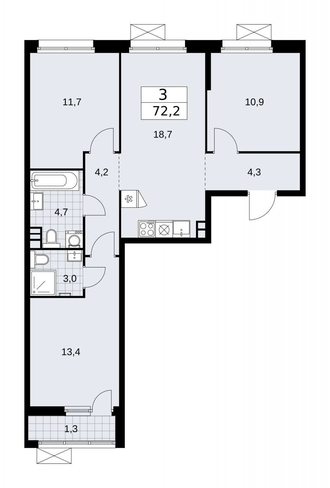 3-комнатная квартира без отделки, 72.2 м2, 3 этаж, сдача 2 квартал 2026 г., ЖК Скандинавия, корпус 25.4 - объявление 2284092 - фото №1