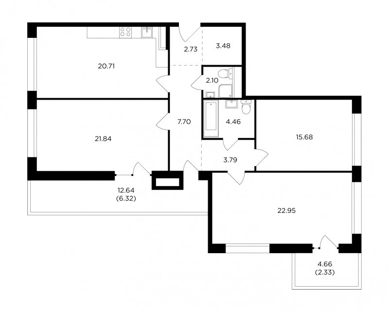 3-комнатная квартира без отделки, 114.09 м2, 8 этаж, дом сдан, ЖК RiverSky, корпус 4 - объявление 1676572 - фото №1