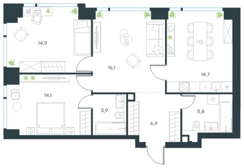 3-комнатная квартира без отделки, 76.4 м2, 34 этаж, сдача 4 квартал 2024 г., ЖК Level Мичуринский, корпус 4 - объявление 1635493 - фото №1
