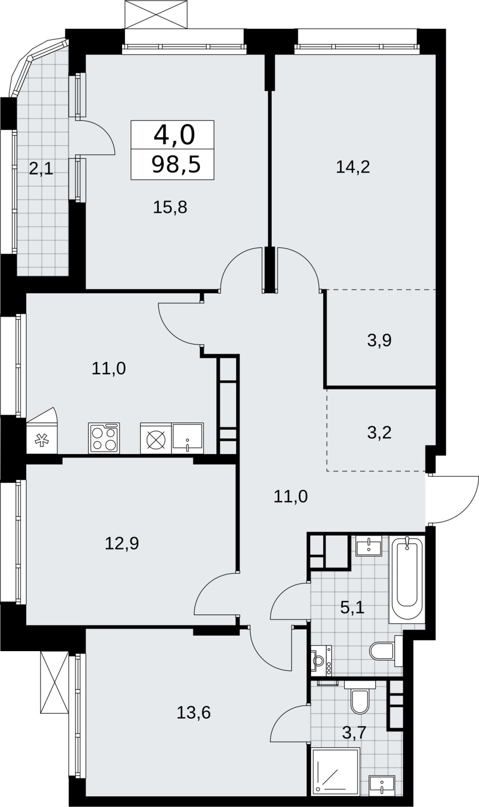 4-комнатная квартира с частичной отделкой, 98.5 м2, 11 этаж, сдача 2 квартал 2026 г., ЖК Прокшино, корпус 10.1.6 - объявление 2379254 - фото №1