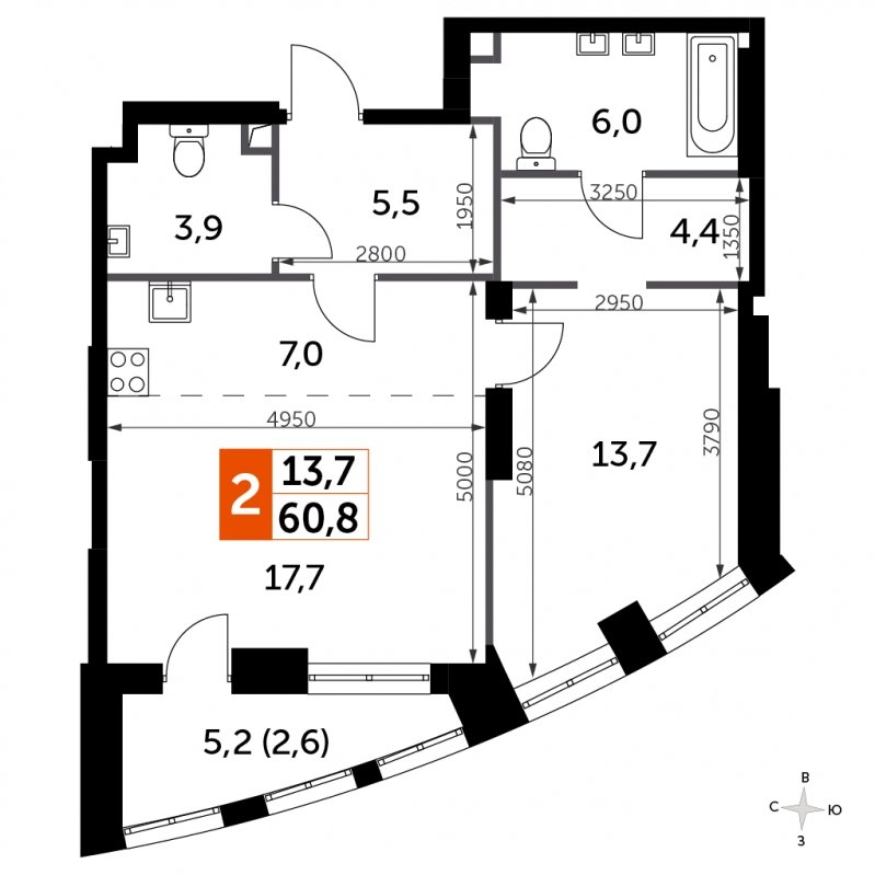 1-комнатная квартира с частичной отделкой, 60.8 м2, 9 этаж, сдача 3 квартал 2024 г., ЖК Sydney City, корпус 2.2 - объявление 1703537 - фото №1
