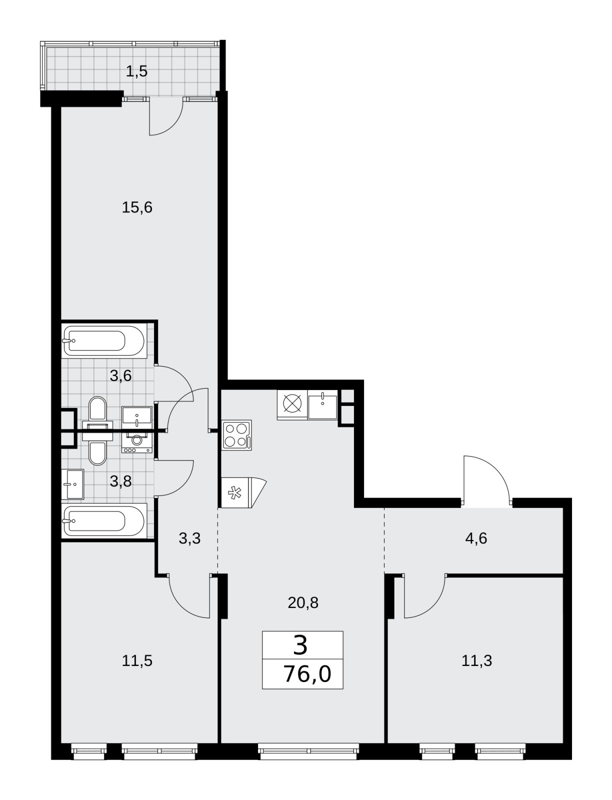 3-комнатная квартира с частичной отделкой, 76 м2, 6 этаж, сдача 2 квартал 2026 г., ЖК Деснаречье, корпус 4.5 - объявление 2264532 - фото №1