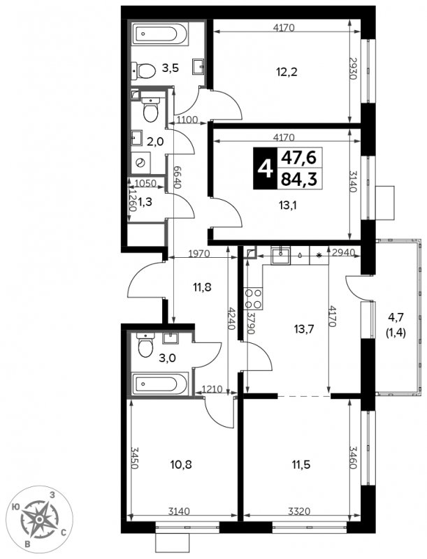 4-комнатная квартира с частичной отделкой, 84.3 м2, 18 этаж, сдача 3 квартал 2023 г., ЖК Южная Битца, корпус 11 - объявление 1760614 - фото №1
