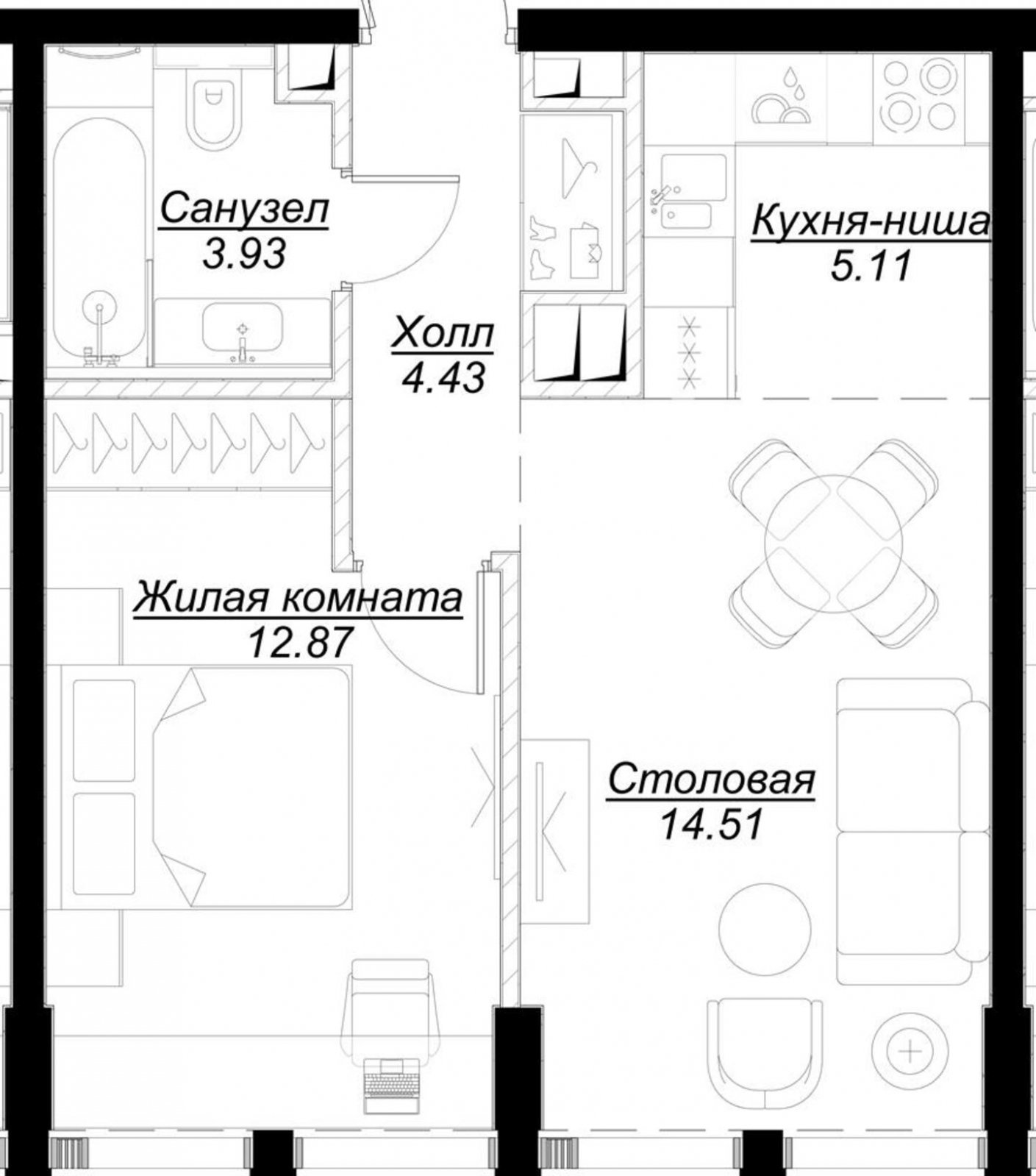 1-комнатная квартира с частичной отделкой, 40.77 м2, 30 этаж, сдача 4 квартал 2024 г., ЖК MOD, корпус Camus - объявление 2191391 - фото №1