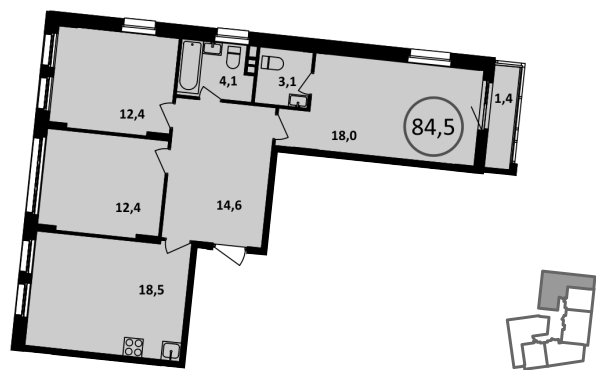 3-комнатная квартира без отделки, 84.5 м2, 7 этаж, сдача 4 квартал 2022 г., ЖК Испанские кварталы, корпус 5.1 - объявление 1409214 - фото №1