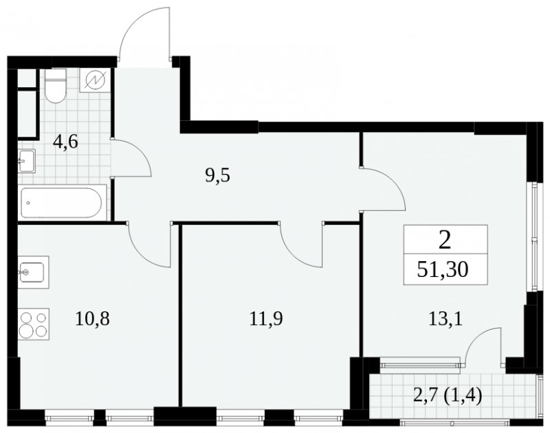 2-комнатная квартира без отделки, 51.3 м2, 13 этаж, сдача 2 квартал 2025 г., ЖК Южные сады, корпус 2.3 - объявление 1758195 - фото №1