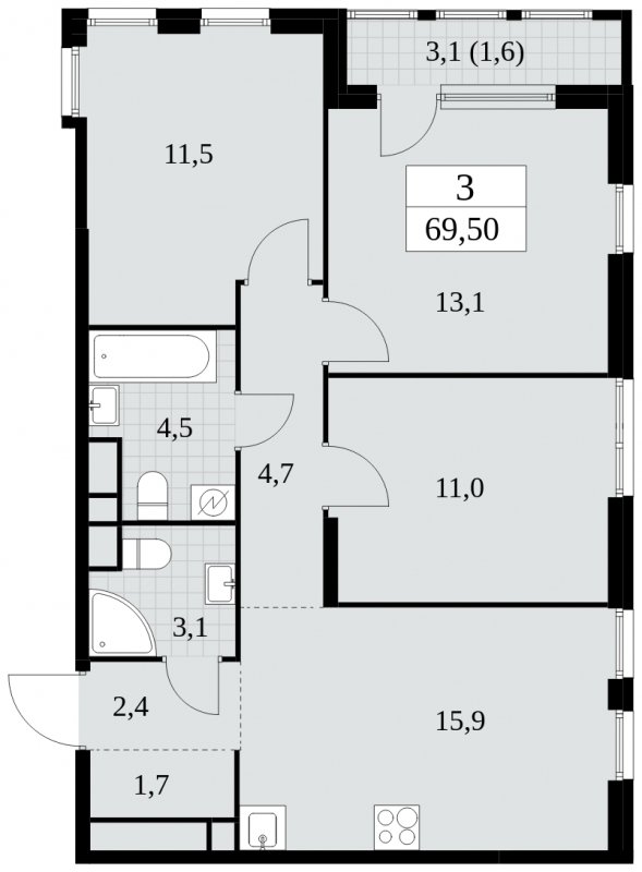 3-комнатная квартира с частичной отделкой, 69.5 м2, 23 этаж, сдача 2 квартал 2025 г., ЖК Южные сады, корпус 2.2 - объявление 1757630 - фото №1