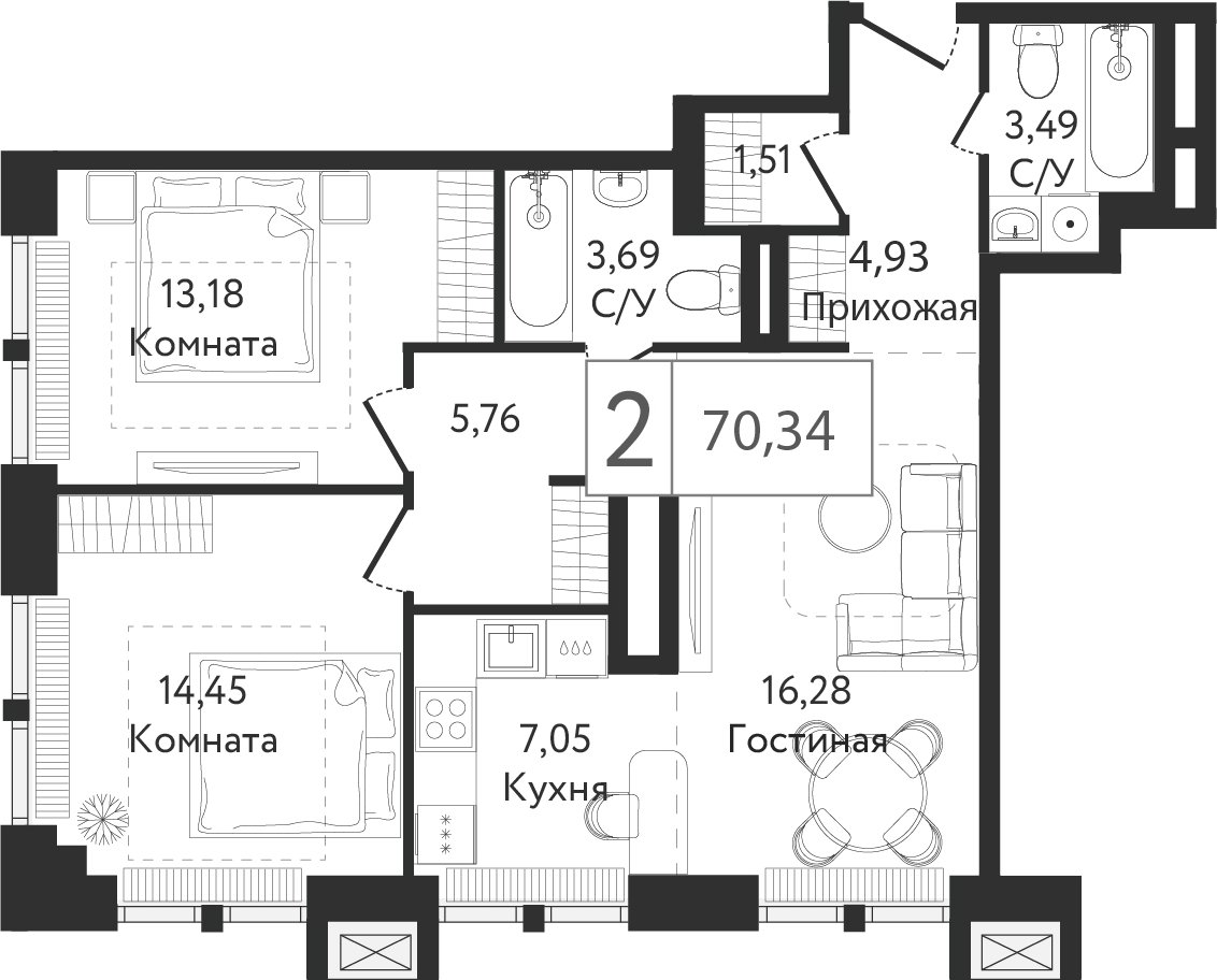 2-комнатная квартира без отделки, 70.34 м2, 16 этаж, сдача 3 квартал 2023 г., ЖК Dream Towers, корпус 1 - объявление 2261279 - фото №1