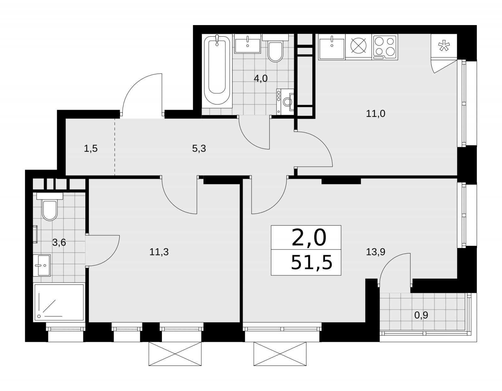 2-комнатная квартира без отделки, 51.5 м2, 13 этаж, сдача 1 квартал 2026 г., ЖК Прокшино, корпус 10.1.2 - объявление 2227216 - фото №1