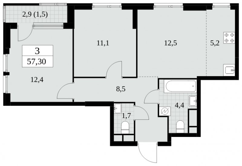 3-комнатная квартира (евро) без отделки, 57.3 м2, 6 этаж, сдача 2 квартал 2025 г., ЖК Южные сады, корпус 2.4 - объявление 1760443 - фото №1