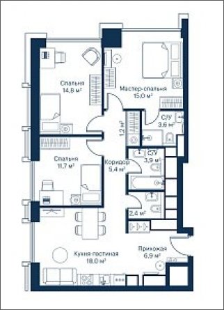3-комнатная квартира с частичной отделкой, 82.96 м2, 52 этаж, сдача 2 квартал 2024 г., ЖК City Bay, корпус Indian Ocean 1 - объявление 1934861 - фото №1