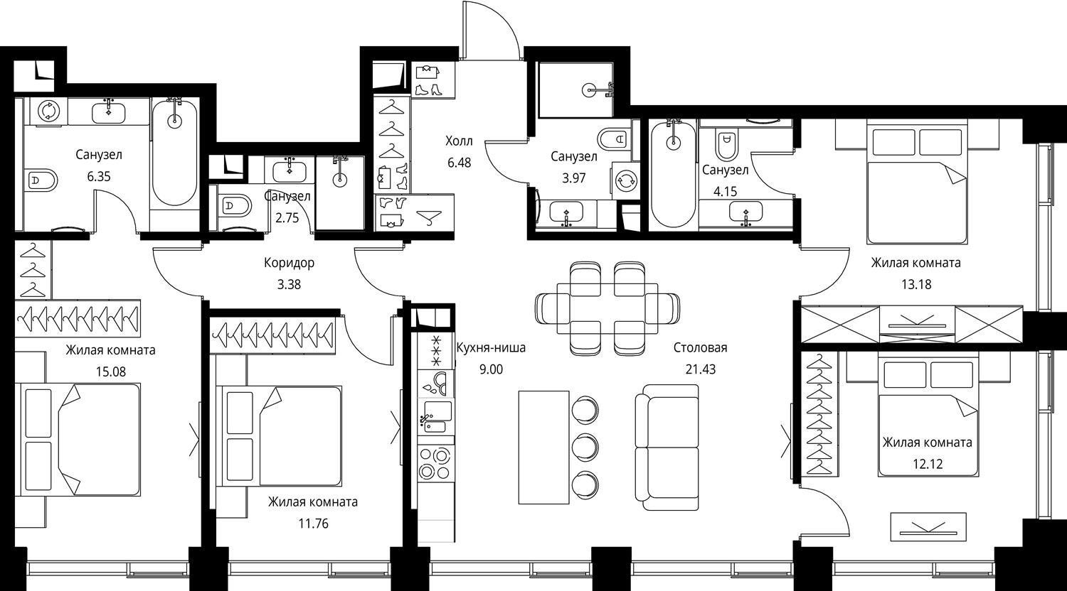 4-комнатная квартира с частичной отделкой, 109.65 м2, 23 этаж, сдача 3 квартал 2026 г., ЖК City Bay, корпус North Ocean 6 - объявление 2332427 - фото №1