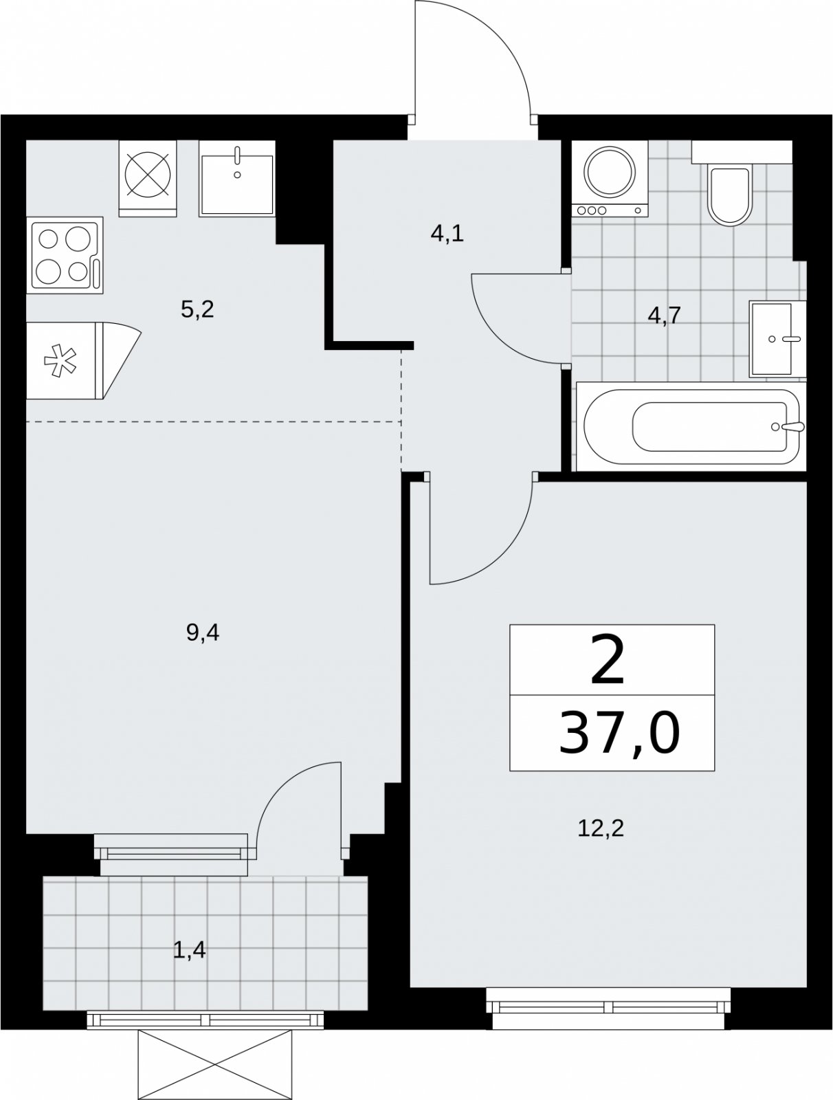 2-комнатная квартира (евро) без отделки, 37 м2, 4 этаж, сдача 2 квартал 2026 г., ЖК Бунинские кварталы, корпус 7.4 - объявление 2314048 - фото №1