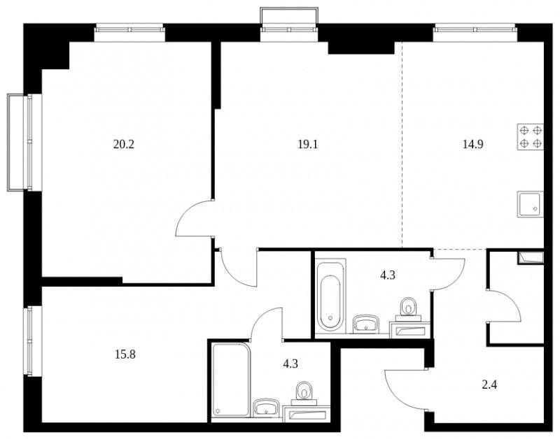 3-комнатная квартира с полной отделкой, 87.8 м2, 14 этаж, сдача 4 квартал 2023 г., ЖК Красноказарменная 15, корпус 1.2 - объявление 1606780 - фото №1