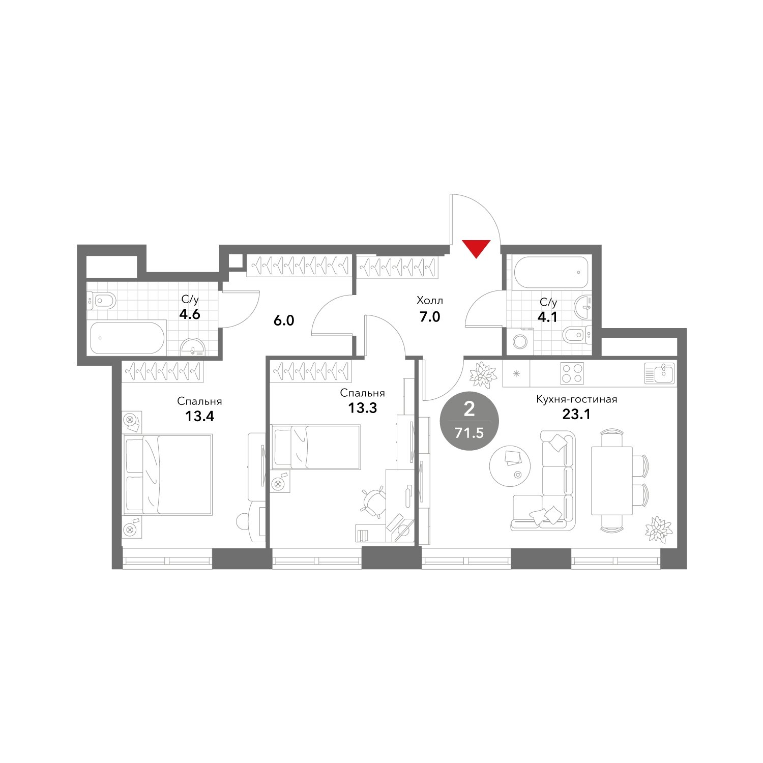 2-комнатная квартира без отделки, 71.5 м2, 7 этаж, сдача 3 квартал 2025 г., ЖК VOXHALL, корпус 2 - объявление 1983935 - фото №1