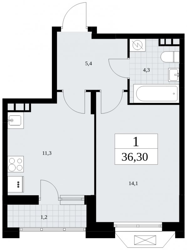 1-комнатная квартира без отделки, 36.3 м2, 5 этаж, сдача 1 квартал 2025 г., ЖК Бунинские кварталы, корпус 1.3 - объявление 1834720 - фото №1