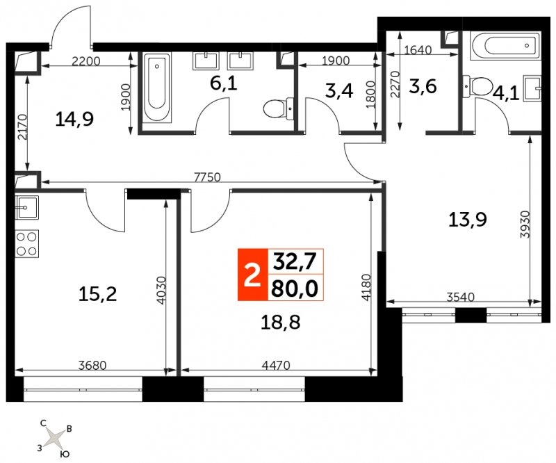 2-комнатная квартира с полной отделкой, 80 м2, 4 этаж, сдача 3 квартал 2024 г., ЖК Sydney City, корпус 2.1 - объявление 1762386 - фото №1