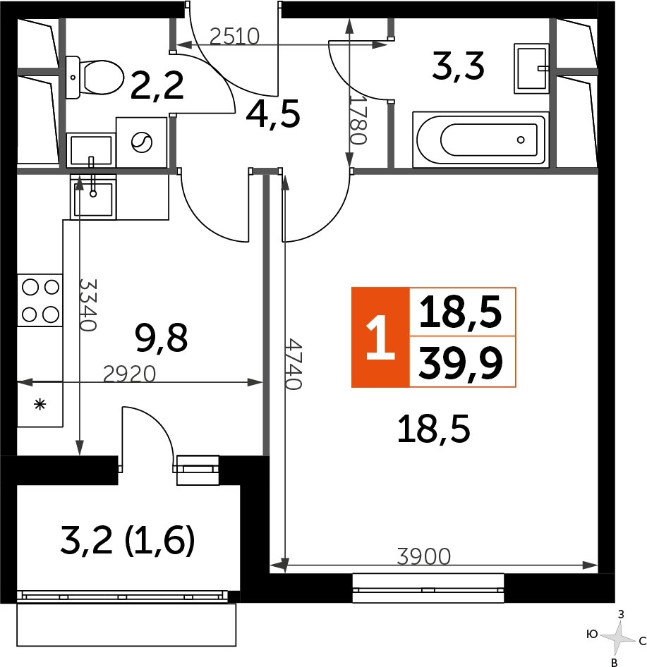 1-комнатная квартира без отделки, 39.9 м2, 9 этаж, дом сдан, ЖК UP-квартал Римский, корпус 7 - объявление 2208637 - фото №1