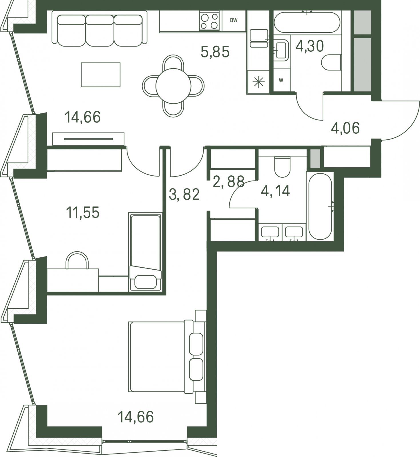 2-комнатная квартира с частичной отделкой, 66.06 м2, 19 этаж, сдача 3 квартал 2025 г., ЖК Moments, корпус 1 - объявление 2154951 - фото №1