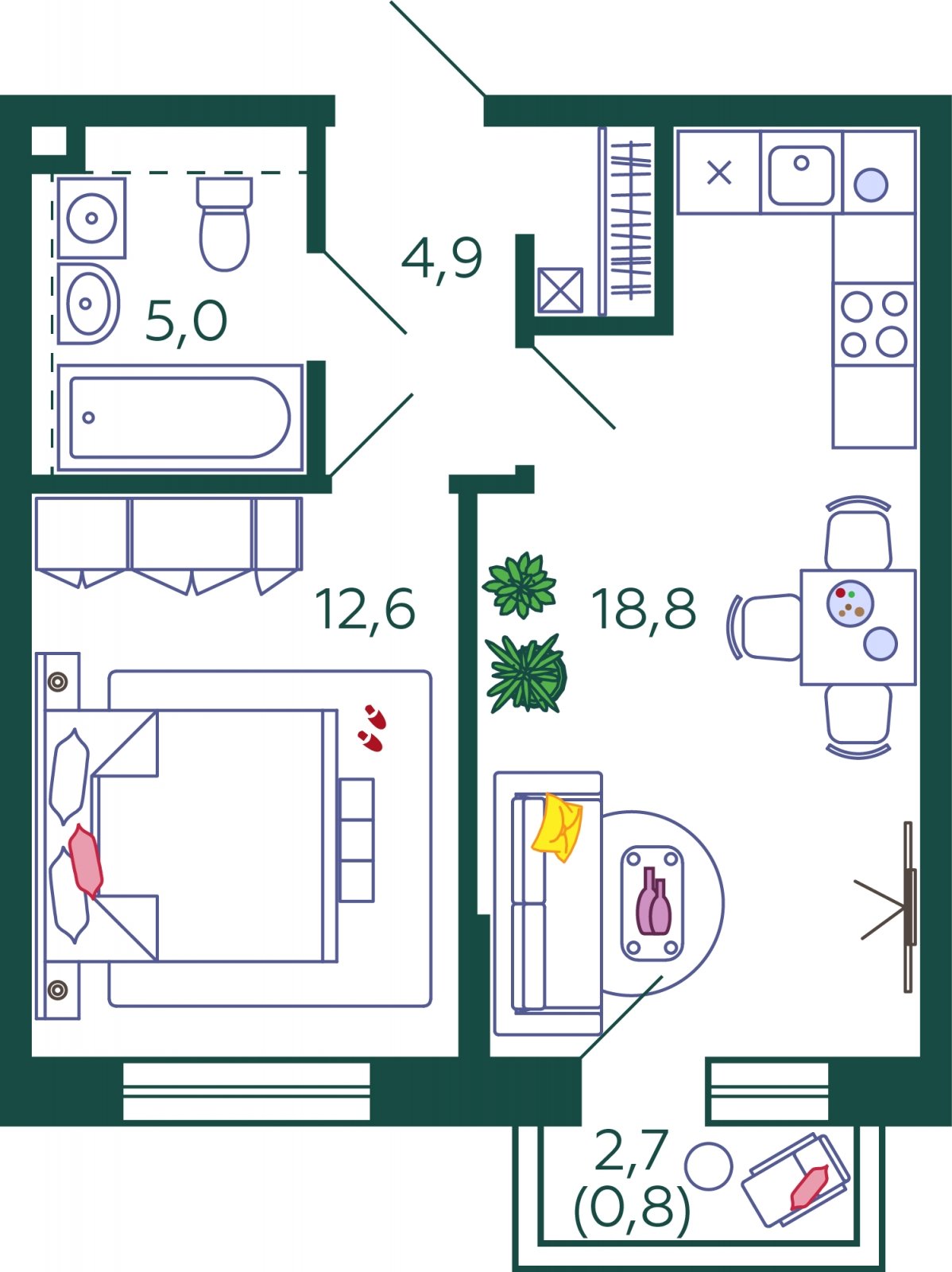 1-комнатная квартира без отделки, 42.1 м2, 9 этаж, сдача 1 квартал 2024 г., ЖК SHAGAL, корпус 1.6 - объявление 2071617 - фото №1