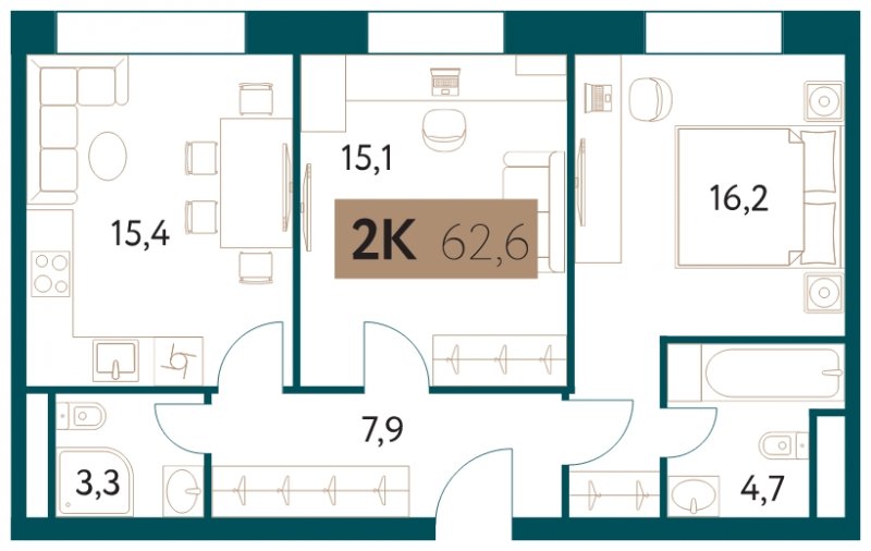 2-комнатная квартира без отделки, 62.6 м2, 20 этаж, сдача 4 квартал 2022 г., ЖК Настоящее, корпус 3 - объявление 1711331 - фото №1