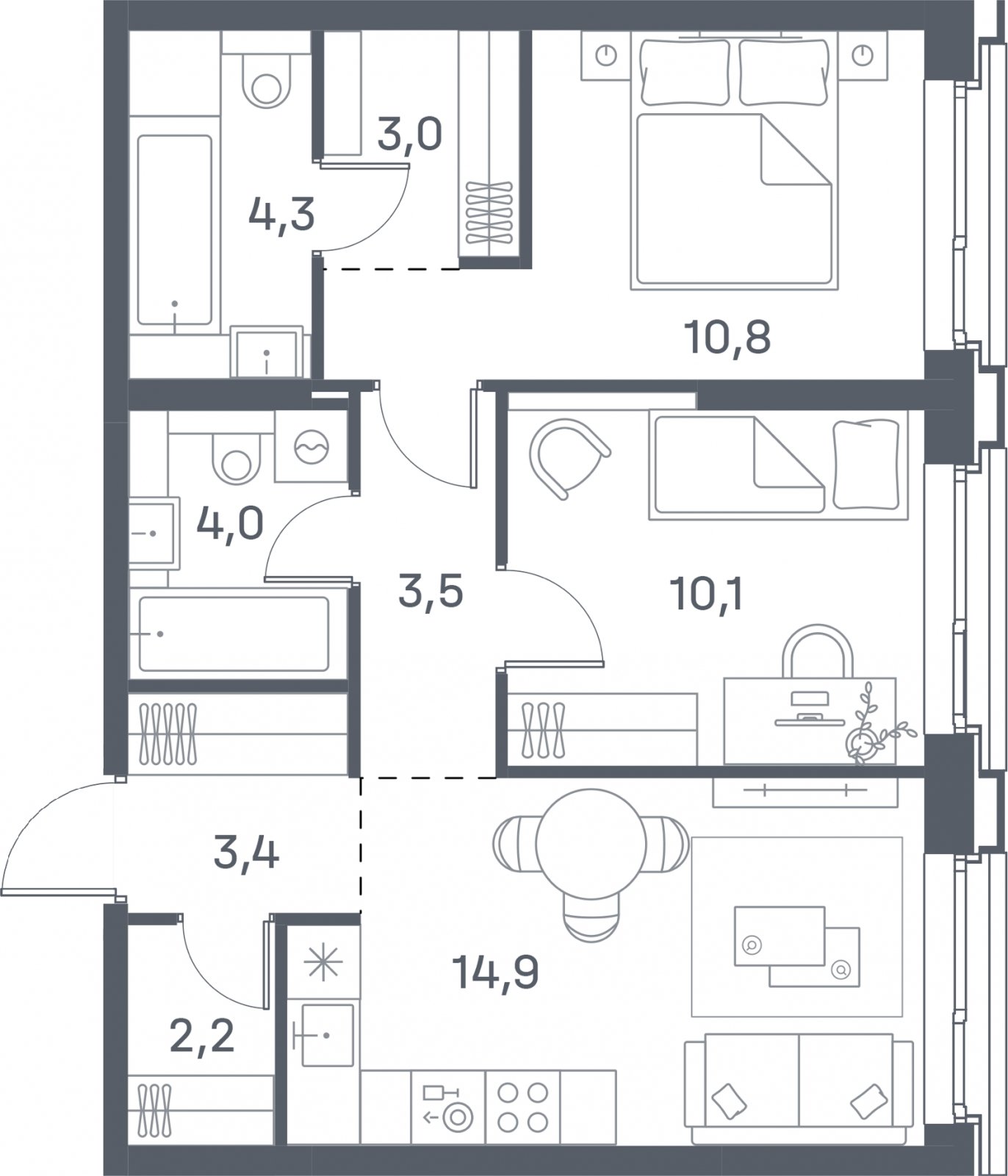 2-комнатная квартира 56.2 м2, 26 этаж, сдача 4 квартал 2025 г., ЖК Portland, корпус 1 - объявление 2303561 - фото №1