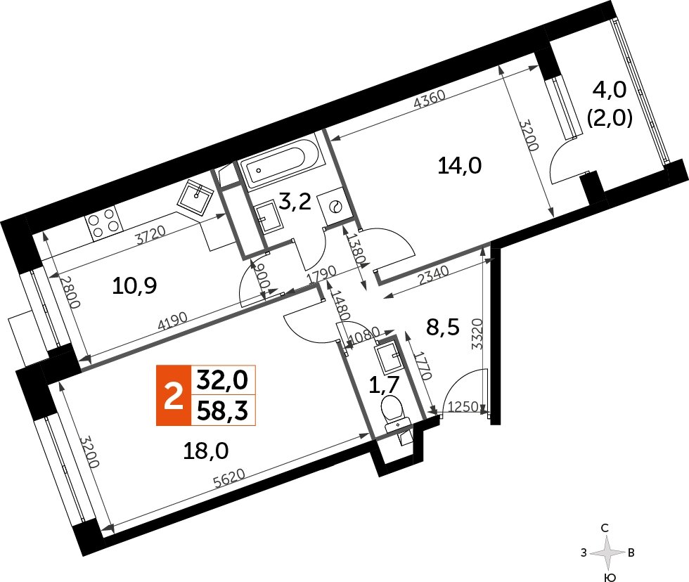 2-комнатная квартира без отделки, 58.1 м2, 5 этаж, дом сдан, ЖК Датский квартал, корпус 2 - объявление 2335355 - фото №1