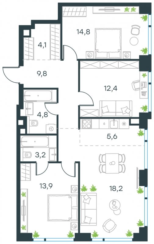4-комнатная квартира без отделки, 86.8 м2, 34 этаж, сдача 4 квартал 2024 г., ЖК Level Мичуринский, корпус 4 - объявление 1697245 - фото №1