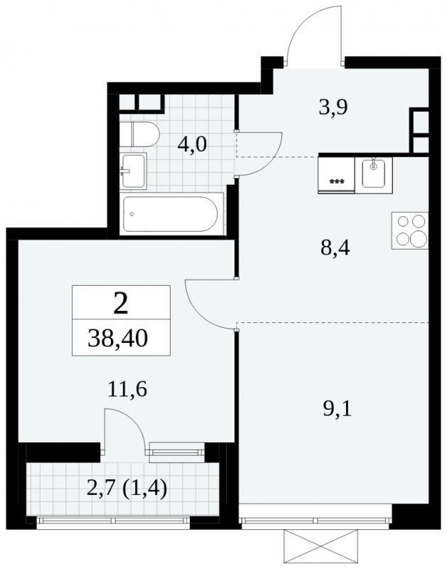 2-комнатная квартира (евро) с полной отделкой, 38.4 м2, 3 этаж, сдача 3 квартал 2024 г., ЖК Прокшино, корпус 8.1 - объявление 1683633 - фото №1
