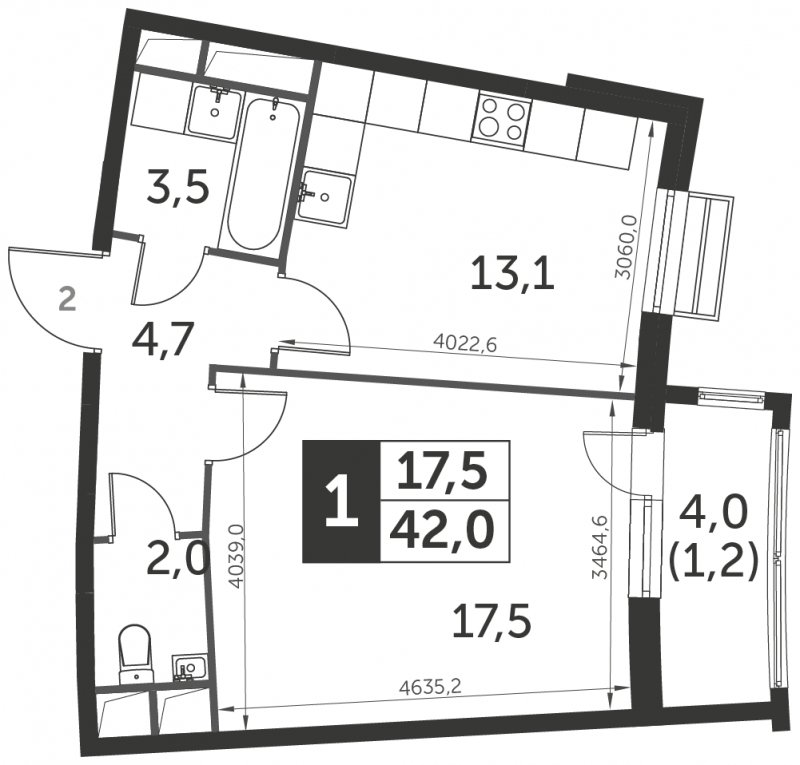 1-комнатная квартира с полной отделкой, 42 м2, 2 этаж, сдача 3 квартал 2023 г., ЖК UP-квартал Римский, корпус 7 - объявление 1331379 - фото №1